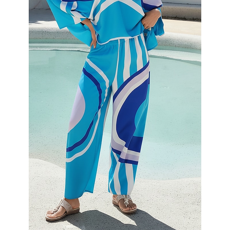 Women's Satin Wide Leg Pants Geometric Colorblock Placement Print Elastic Waist Casual Vacation Spring Fall