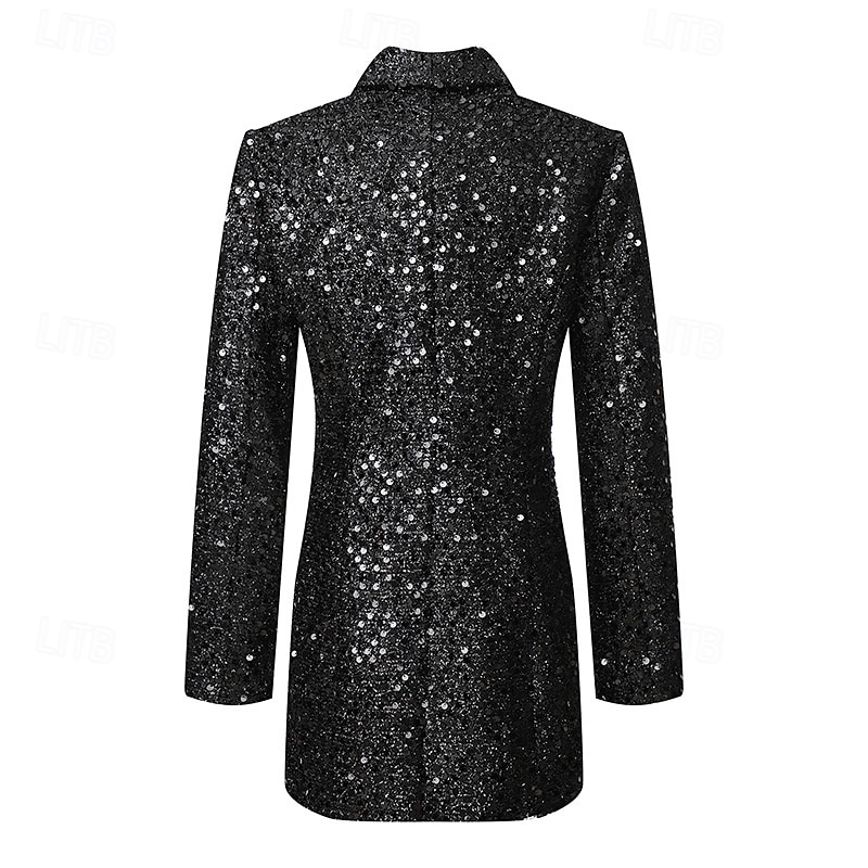 Women's Blazer Sport Coat Formal Wedding Party Sequined Elegant Sparkle Long Sleeve Shawl Lapel Double Breasted4