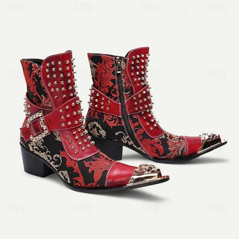 Men's Red Studded Gothic Ankle Boots – Punk Rock Style Leather Buckle Boots with Side Zipper for Concerts, Festivals and Party Fashion4