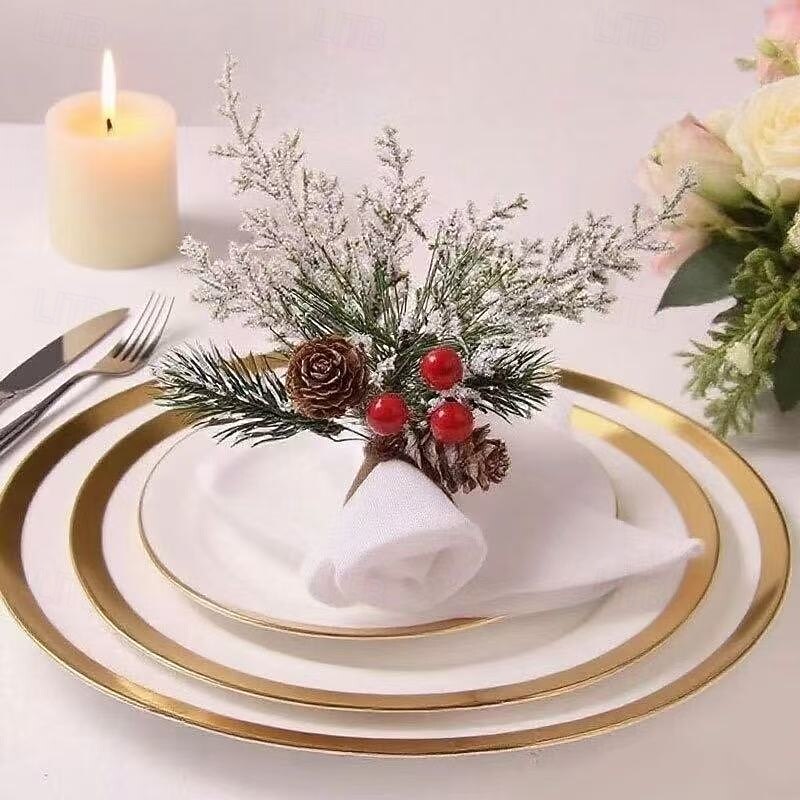 6pcs Christmas Table Decorations Napkin Rings, Cedar Pine Cones with Red Berries, Holiday Party Tableware Accessories for Xmas Dinner2