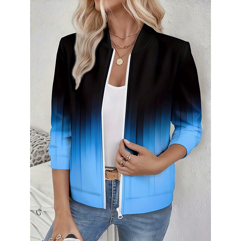 Women's Casual Jacket Warm Quick Dry Zipper Pocket Elegant Fashion Daily Simple Geometric Vacation Casual Daily Holiday Regular Baseball Collar Regular Fit Long Sleeve Outerwear Black Yellow Blue2