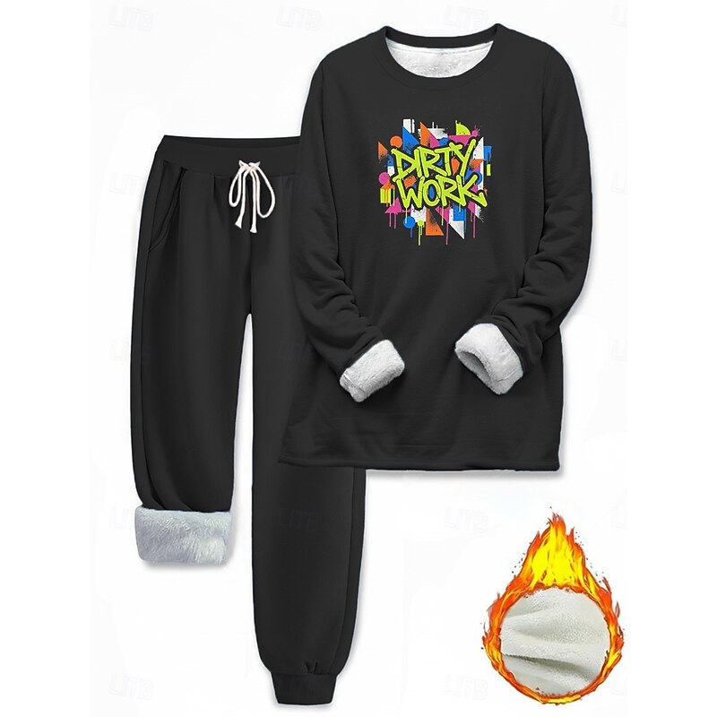 Women's Elegant Warm Fashion Two Piece Sets Tracksuit Pants Sets Long Sleeve Crew Neck Graphic Print Outdoor Vacation Daily Black Pink Dark Pink Spring Regular Fit2