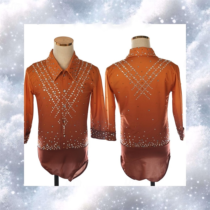 Figure Skating Top Men's Boys' Ice Skating Tops Orange Patchwork Spandex High Elasticity Training Competition Skating Wear Classic Crystal / Rhinestone Long Sleeve Ice Skating Figure Skating2
