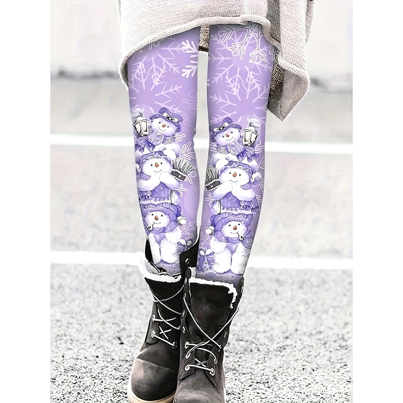 Women's Leggings Vacation Vintage Fashion Full Length High WaistPantsUgly Christmas Graphic Snowman Snowflake Printing Soft Breathable High Elasticity Vacation Street Causal Light Purple Fall Winter