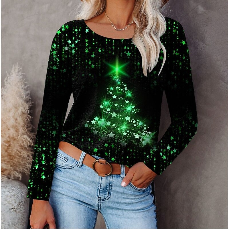 Christmas Women's T Shirt Graphic Christmas Tree Color Gradient Vintage Fashion Stylish Long Sleeve Crew Neck Round Neck Regular Tops Daily Going out Weekend Print Red Blue Fuchsia Green Spring Fall2