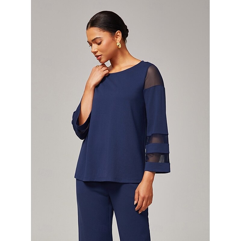 Women's Elegant Dark Blue Modal Top Fitted with Sheer Chiffon Sleeves Stylish Lightweight Comfortable Daily Work Evening Fall