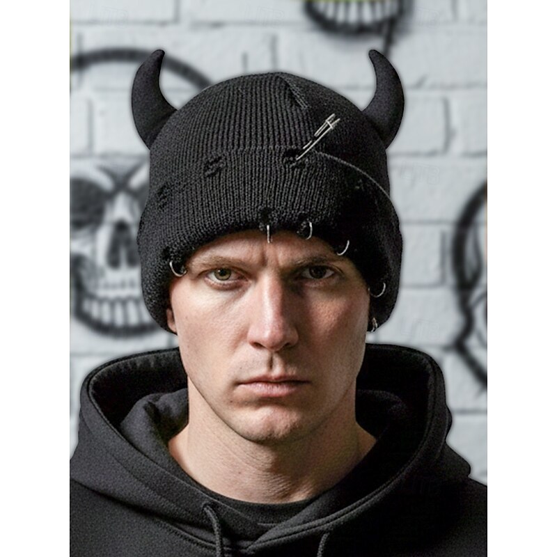 Unisex Halloween Devil Horn Knit Beanie Hat – Gothic Punk Skull Cap with Safety Pin and Ring Details for Men and Women Party Costume3
