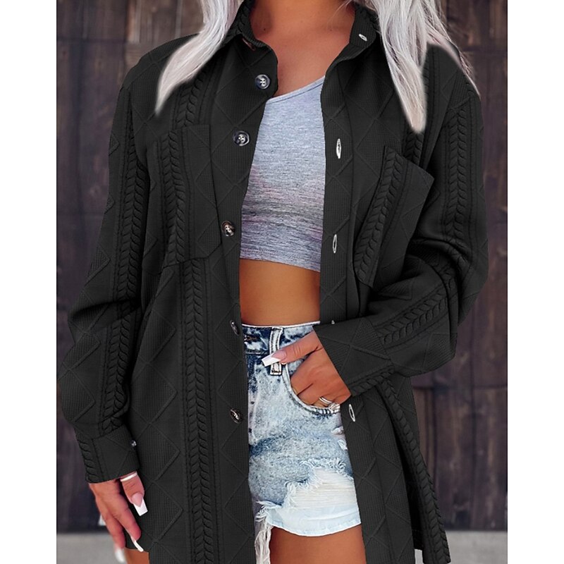 Women's Sweater Cardigan Streetwear Casual Solid Color Cable Shirt Collar Pocket Buttons Knitted Long Sleeve Regular Tops Knit Daily Holiday Going out Black White Fall Winter2