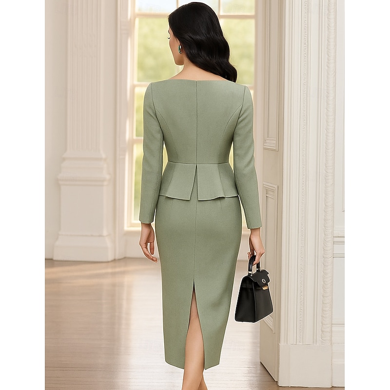 Sheath / Column Mother of the Bride Dress Formal Elegant Vintage Crew Neck Tea Length Imitated Silk Long Sleeve Jacket Dresses with Sash / Ribbon2