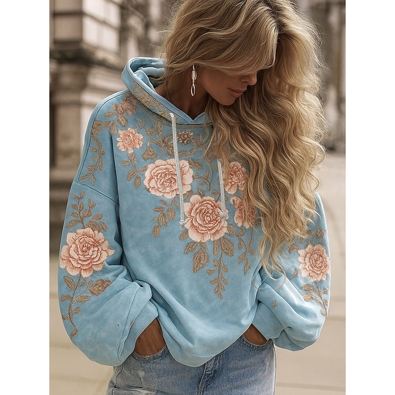 Women's Pullover Hoodie Sweatshirt Floral Graphic Elegant Warm Active Long Sleeve Hooded Regular Tops Street Dailywear Casual Patchwork Print Yellow Pink Blue Light Purple Purple Spring Fall Winter