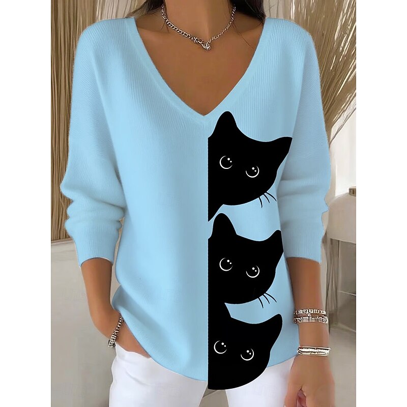Women's Sweater Pullover Fashion Streetwear Casual Graphic Animal V Neck Oversized Knitted Long Sleeve Regular Tops Knit Outdoor Daily Pink Blue Spring Fall2