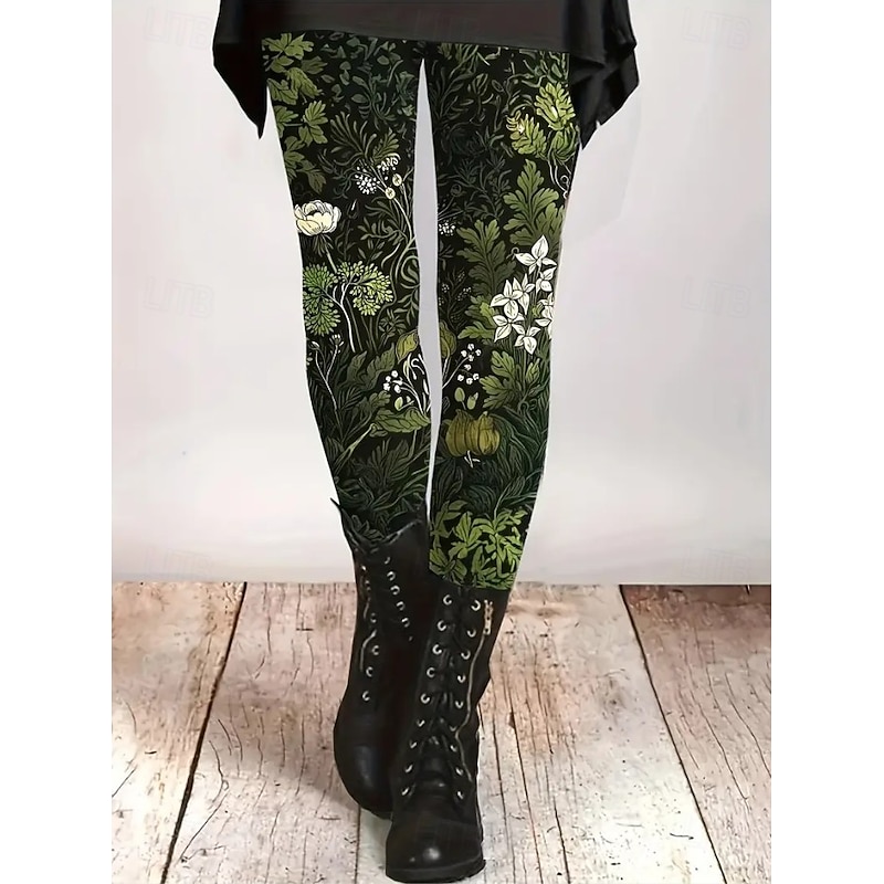 Women's Leggings Vacation Vintage Fashion Full Length High Waist Floral Graphic Leaf Printing Thermal Warm Soft Breathable Stretchy Vacation Street Deep Green Lake blue Amethyst Spring Fall Winter3