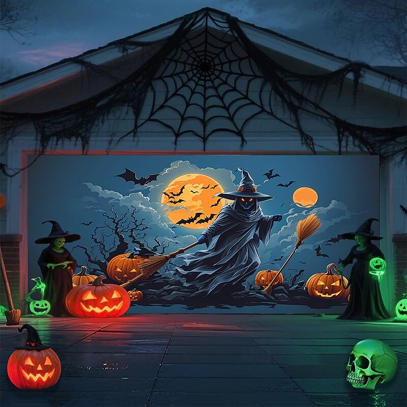 Halloween Garage Door Cover Large Hanging Backdrop Pumpkin Witch Dark Punk Gothic Style Party Outdoor Shooting Backgrounds Yard Haunted House Home Decor2