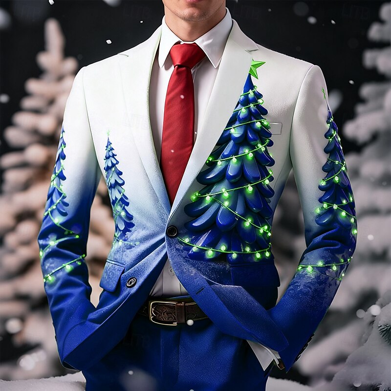 Men's Blazer Coat Christmas Casual Casual Daily Fall / Winter 100% Polyester Christmas Tree 3D Print Buttons Thermal Warm Comfortable Single Breasted Blazer Red Blue Purple Green3