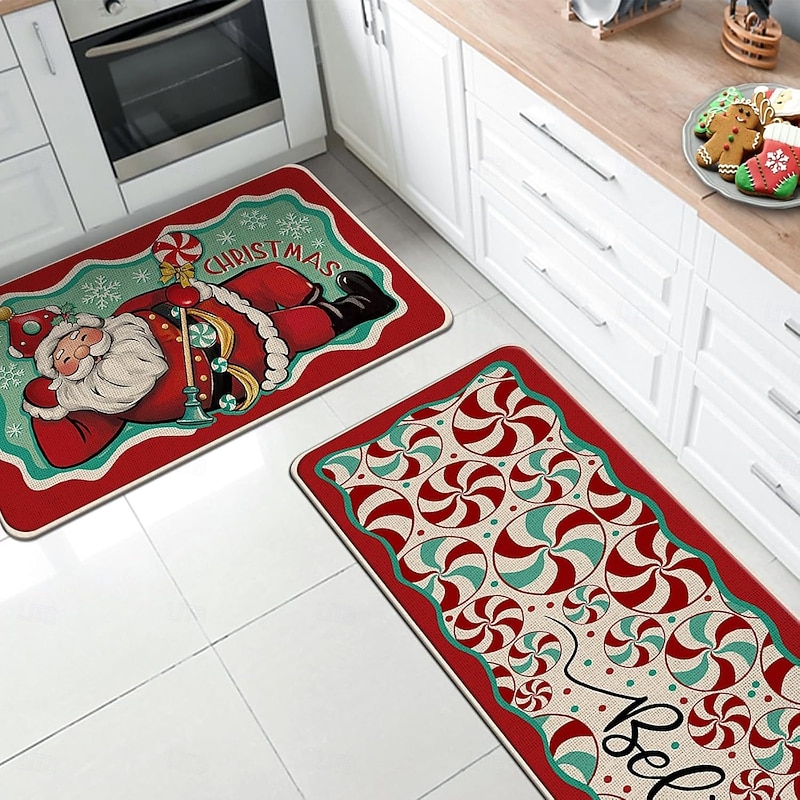 Christmas Cartoon Kitchen Floor Mat 2-Piece Set, Santa Claus Holiday Decoration, Festive Kitchen Rug