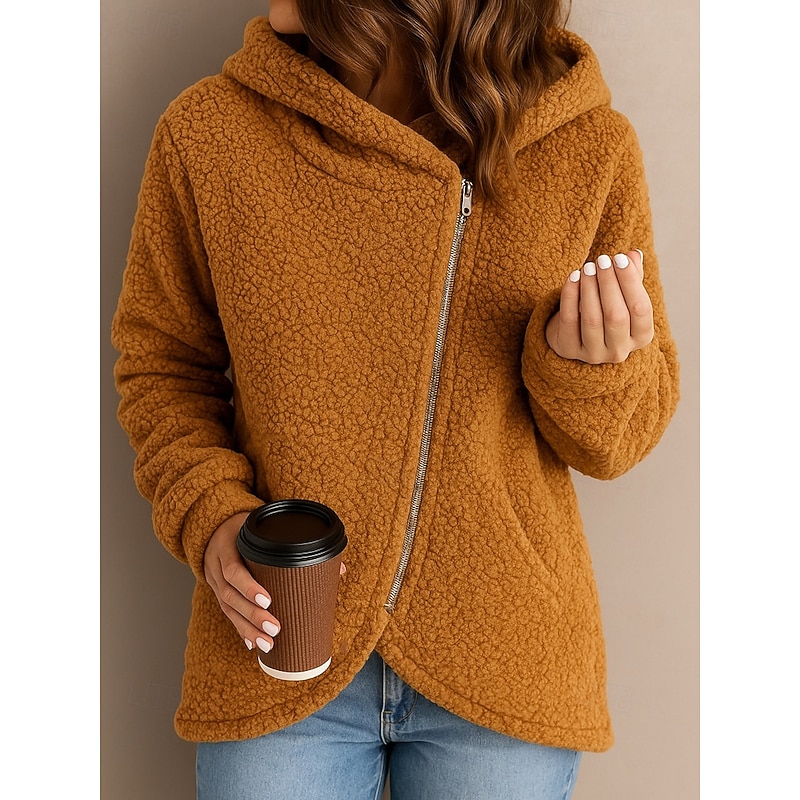Women's Teddy Coat Casual Jacket Comfortable Breathable Zipper Casual Plain Vacation Street Casual Daily Wear Zipper Regular Hooded Regular Fit Long Sleeve Outerwear Pink Blue Orange Spring Fall