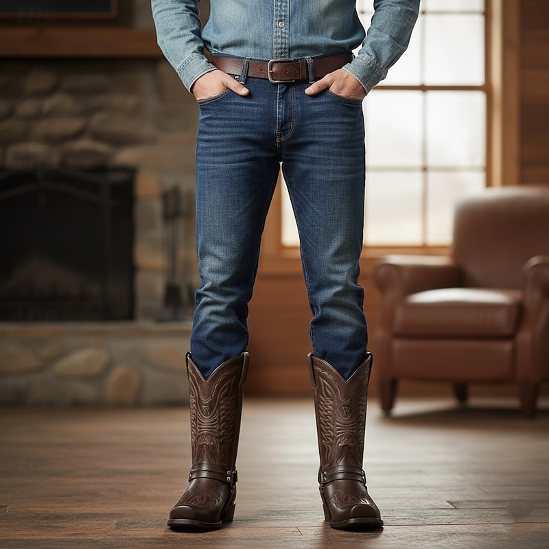 Men's Women Boots Cowboy Boots Walking Classic Casual Outdoor Daily PU Waterproof Comfortable Mid-Calf Boots Loafer Black Dark Red Blue Fall Winter3