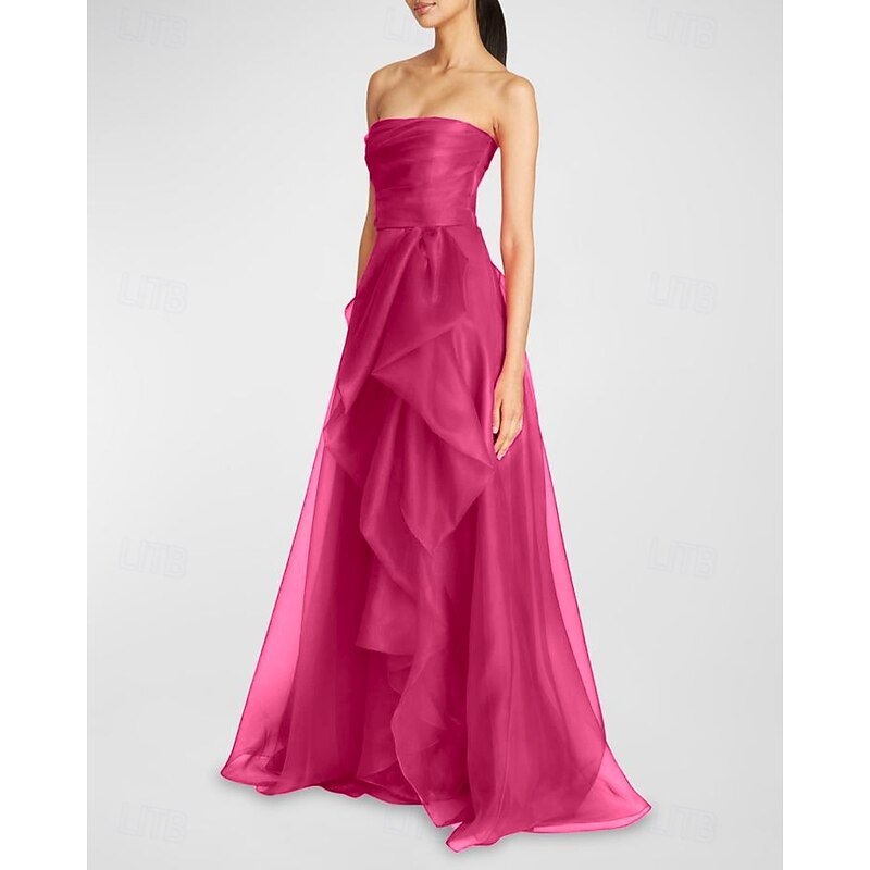 A-Line Evening Gown Celebrity Style Dress Formal Wedding Guest Floor Length Sleeveless One Shoulder Organza with Ruched Ruffles Slit4