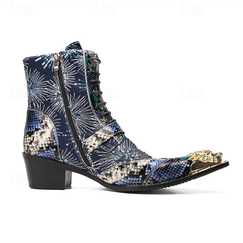 Men's Blue and Green Snake Print Western Boots with Gold Accents – Unique and Trendy Footwear for Fashion-Forward Men, Perfect for Special Occasions4