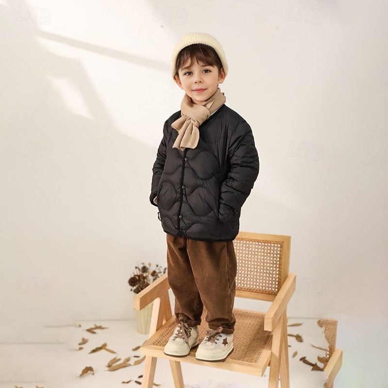 Kids Unisex Down Coat Puffer Jacket Outerwear Solid Color Long Sleeve Pocket Coat Outdoor Daily Black Pink Green Fall Winter 4 years+