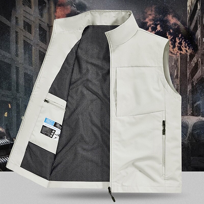Men's Outdoor Vest Vest Fishing Vest Outdoor Daily Fashion Casual Spring Fall Pocket Polyester Comfortable Plain Zipper Stand Collar Regular Fit Black Red Khaki Army Green Vest2