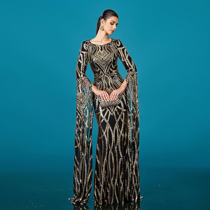 Mermaid / Trumpet Evening Gown Elegant Formal Dress Formal Wedding Floor Length Long Sleeve Crew Neck Tulle with Floral Print Ruched Sequin 20252