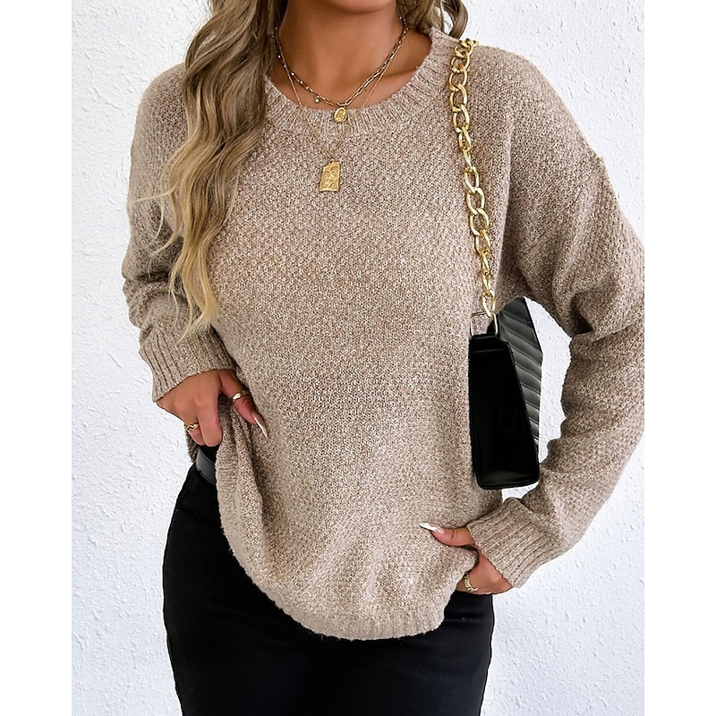 Women's Sweater Pullover Streetwear Casual Solid Color Crew Neck Knitted Long Sleeve Regular Tops Knit Holiday Going out Weekend Black Wine Fall Winter3