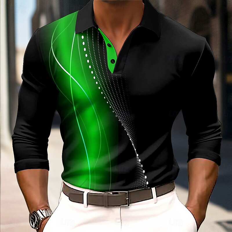 Men's Geometic Line Polo Long Sleeve Polo Shirts Collared Shirts Business Casual Business Athleisure Daily Wear 3D Print Buttons Spring Fall Winter Lake blue Red Blue3