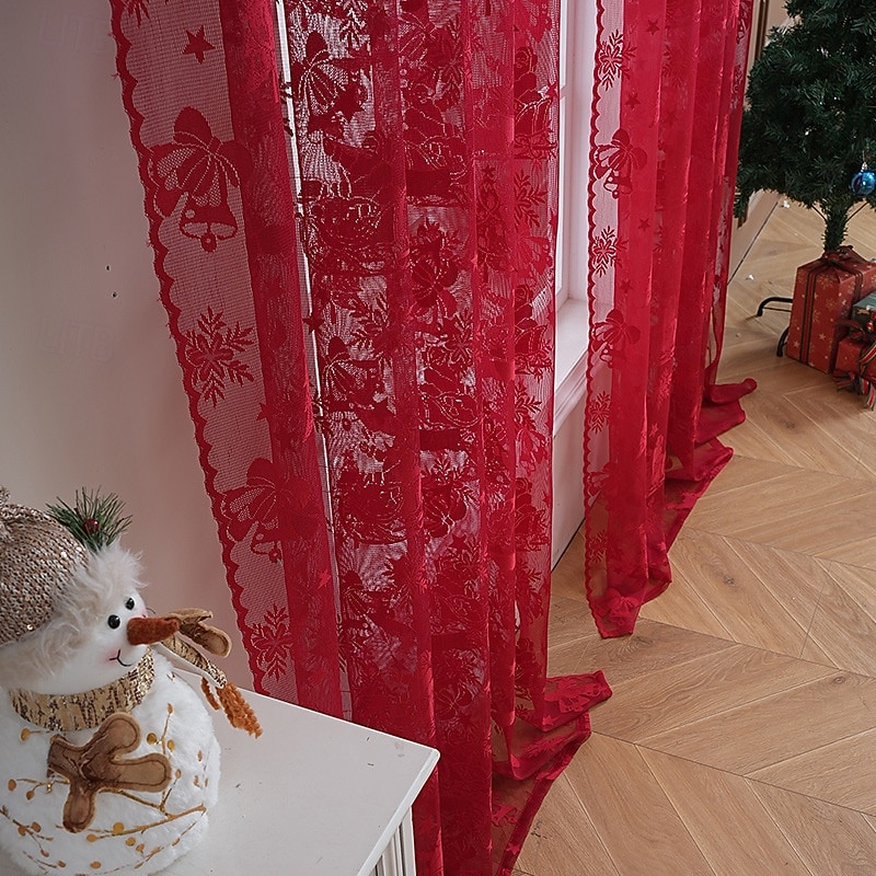 Red Christmas Decorative Curtains, American Style Holiday Window Drapes, Santa Claus Lace Sheer for Festive Home Decoration3