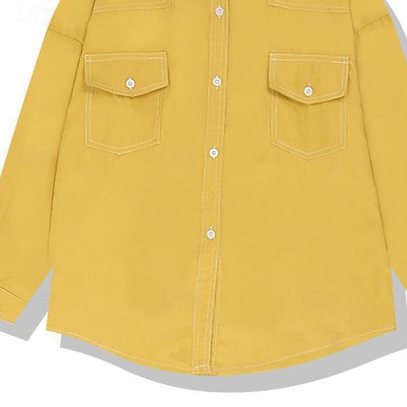 Women's Shirt Blouse Plain Vintage Stylish Long Sleeve Shirt Collar Regular Tops Holiday Going out Pocket Buttons Yellow Spring Fall3