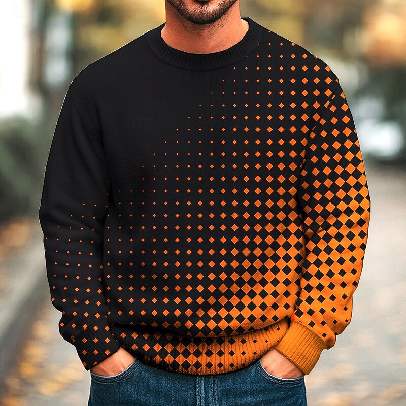 Men's Geometic Pullover Sweater Jumper Knitwear Crewneck Casual Vacation Daily 3D Print Knitting Keep Warm Long Sleeve Fall Winter Navy Blue Blue Orange