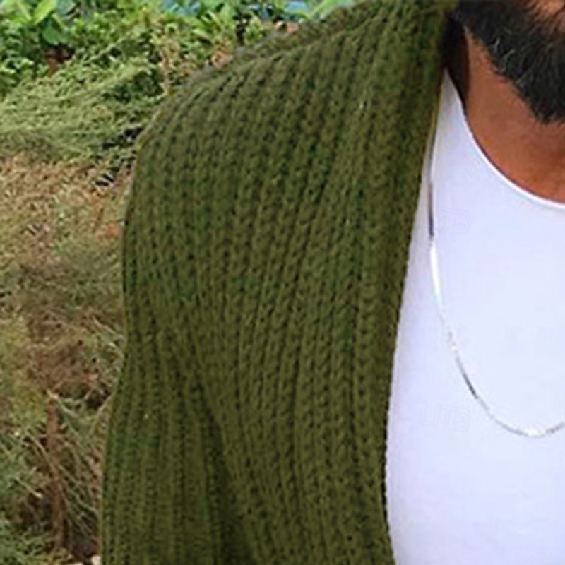 Men's Sweater Cardigan Sweater Ribbed Knit Regular Tops Knitted Solid Color Shawl Collar Vacation Fashion Casual Daily Wear Clothing Apparel Spring &  Fall Black Military Green M L XL3