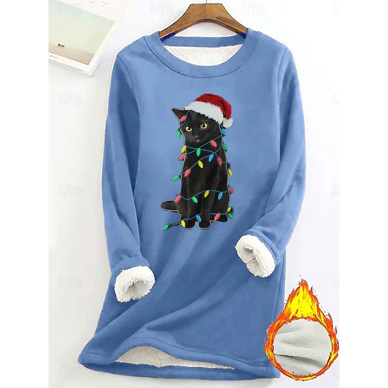 Women's Pullover Sweatshirt Graphic Cat Ugly Christmas Warm Casual Fuzzy Long Sleeve Crew Neck Long Tops Street Casual Light Pink Black Dark Pink Blue Spring Fall Winter