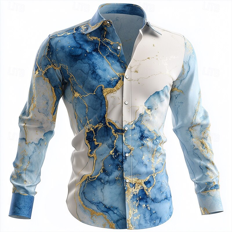 Men's Marble Abstract Liquid Art Shirt Button Up Shirt Long Sleeve Fashion Casual Outdoor Dailywear Spring Fall Turndown 3D Print Linen Like Shirt Blue Purple
