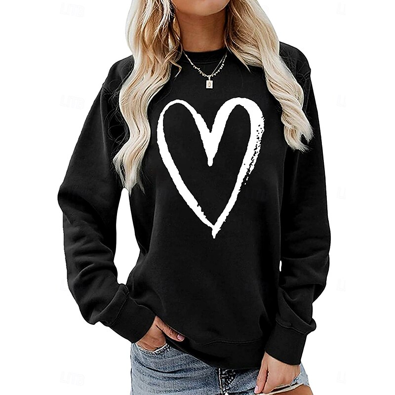 Women's Pullover Sweatshirt Heart Graphic Geometric Fashion Casual Long Sleeve Round Neck Regular Tops Street Dailywear Casual Print Black White Light Grey Gray Fall Winter2