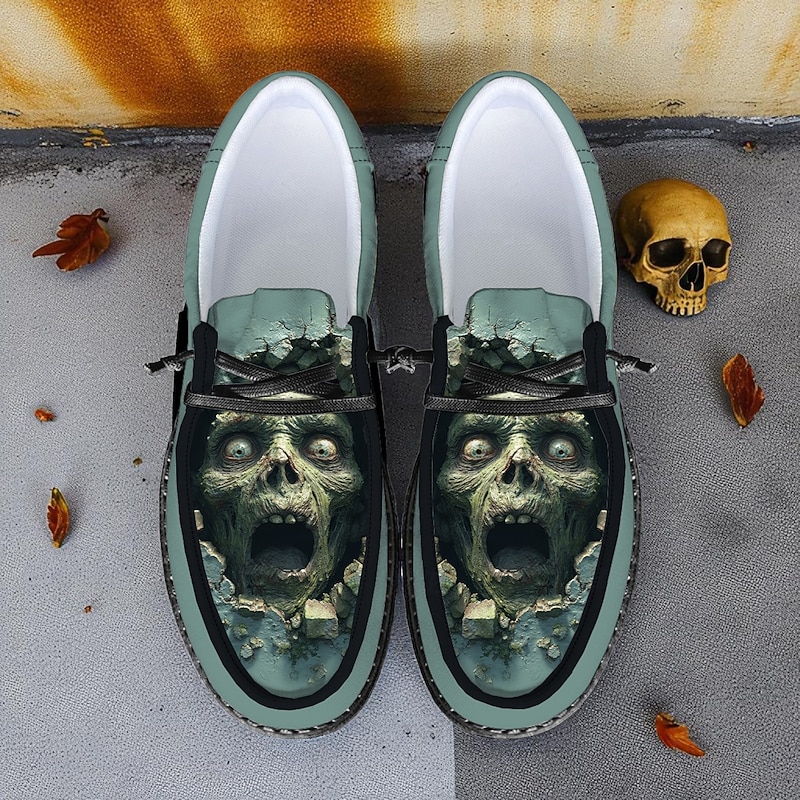Men's Lace-Up Canvas Shoes with Zombie Skull Print, Casual Boat Shoes Spooky Halloween Party and Walking2