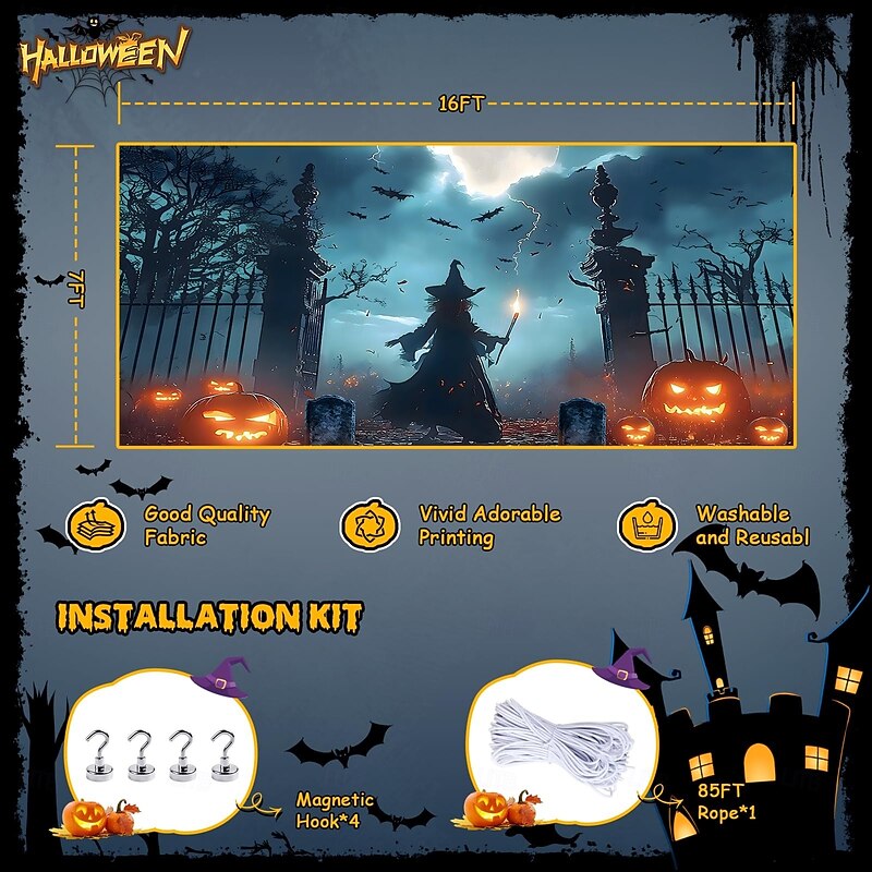 Halloween Garage Door Cover Pumpkin Skull and Bat Castle Banner Haunted House Horror Scene Spooky Backdrop Tapestry for Outdoor Wall Fence Yard Halloween Party Decoration4