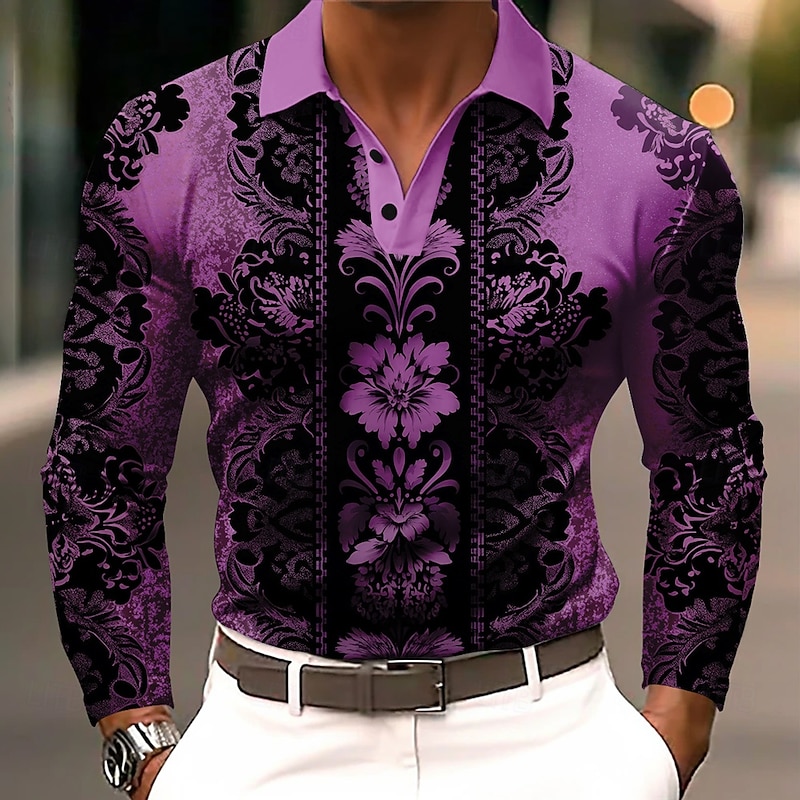 Men's Floral Polo Long Sleeve Polo Shirts Lapel Business Casual Athleisure Daily Wear 3D Print Buttons Spring Fall Winter Blue Purple Green