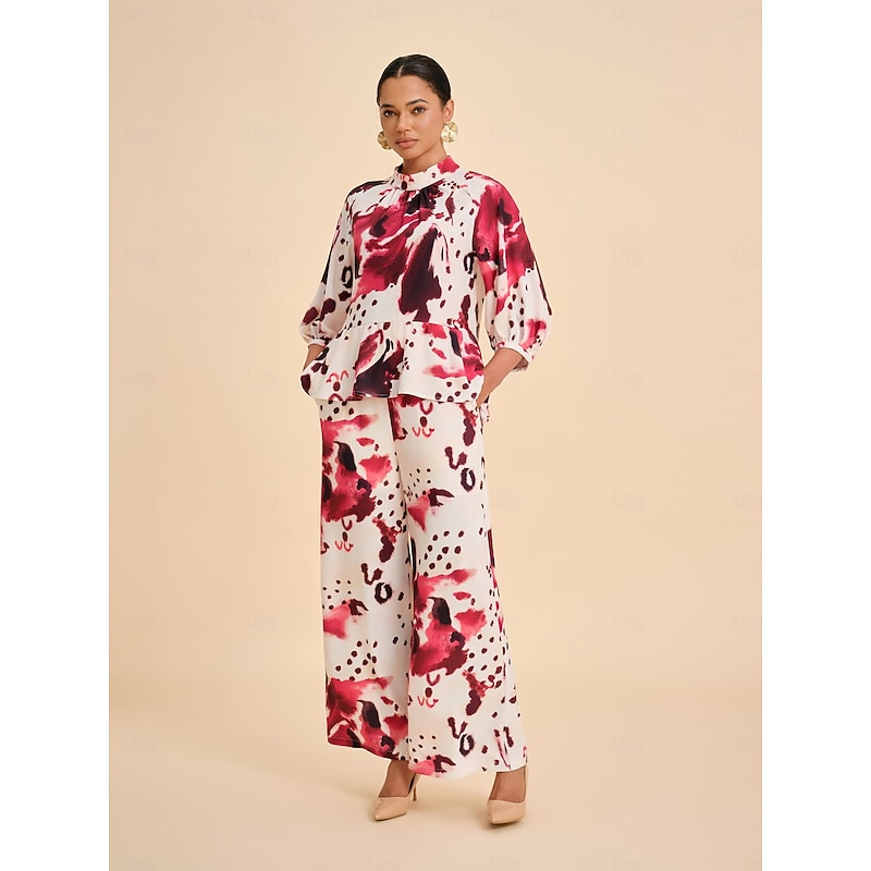 Women's Blouse Wine Abstract Print Standing Collar Casual Elegant Bohemian Vacation Spring Summer4