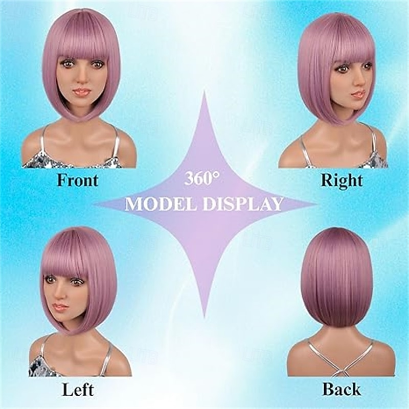 12 Inch Short Bob Pink Mixed Purple Wig with Bangs Colorful Wig for Halloween Daily Cosplay & Party Use Heat Resistant Straight Synthetic Cosplay Party Wigs for Women Purple Pink2