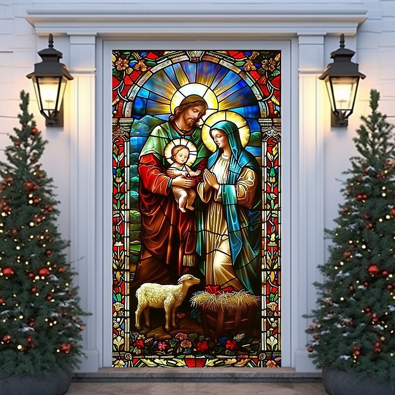 Christmas Door Cover, Stained Glass Holy Family Nativity Scene Holiday Door Curtain, Religious 2025 Xmas Door Hanging for Porch Church Home Decoration