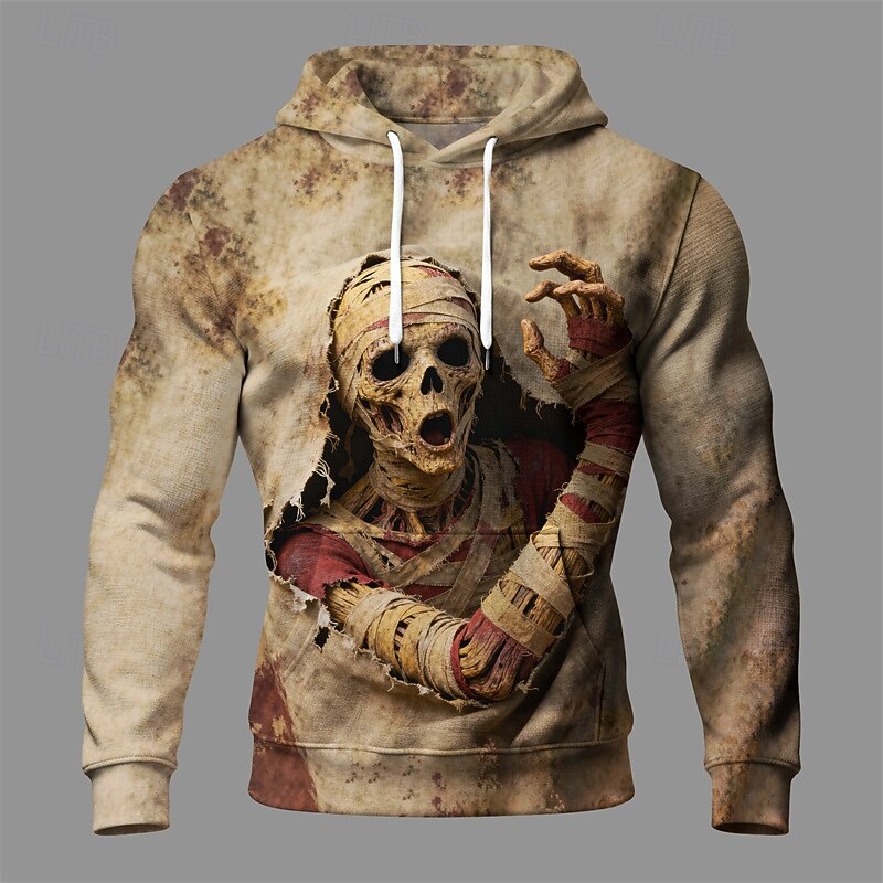 Halloween Men's Skull Monster Hoodie Fashion Daily Hooded Vacation Party Streetwear Khaki Drawstring Pocket Printing Fall Winter Designer