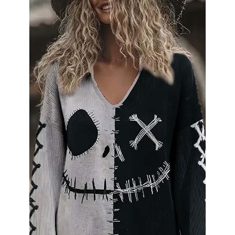 Women's Sweater Vintage Streetwear Cool Graphic Color Block V Neck Print Long Sleeve Regular Tops Knit Halloween Gray Fall Winter2