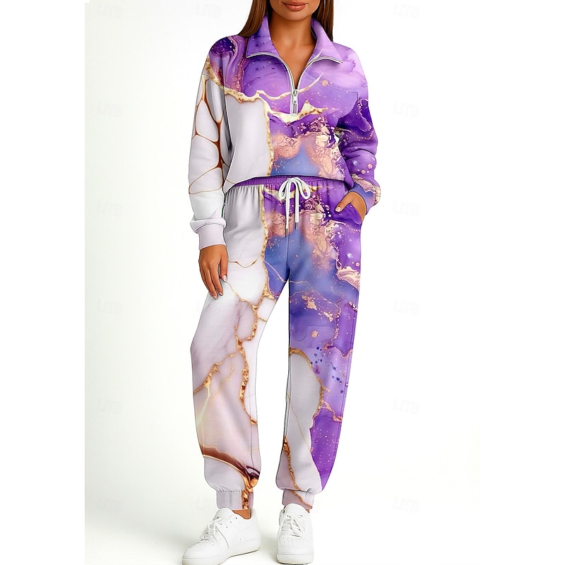 Women's Sweatshirt Tracksuit 2 Piece Tracksuit Drawstring Zip Up Geometry Clothing Suit Fall Purple Vocation Outdoor Travel Lightweight Fashion Long Sleeve Sport Activewear Stretchy Regular Fit