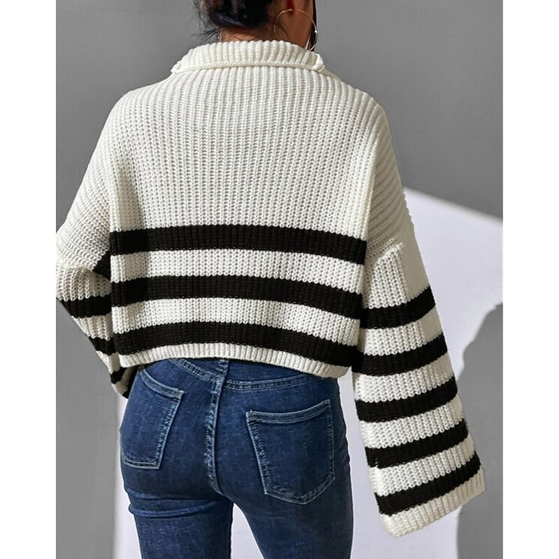 Women's Sweater Pullover Fashion Casual Striped Ribbed Half Zip Zipper Knitted Long Sleeve Regular Tops Knit Outdoor Daily Weekend Black White Fall Winter3