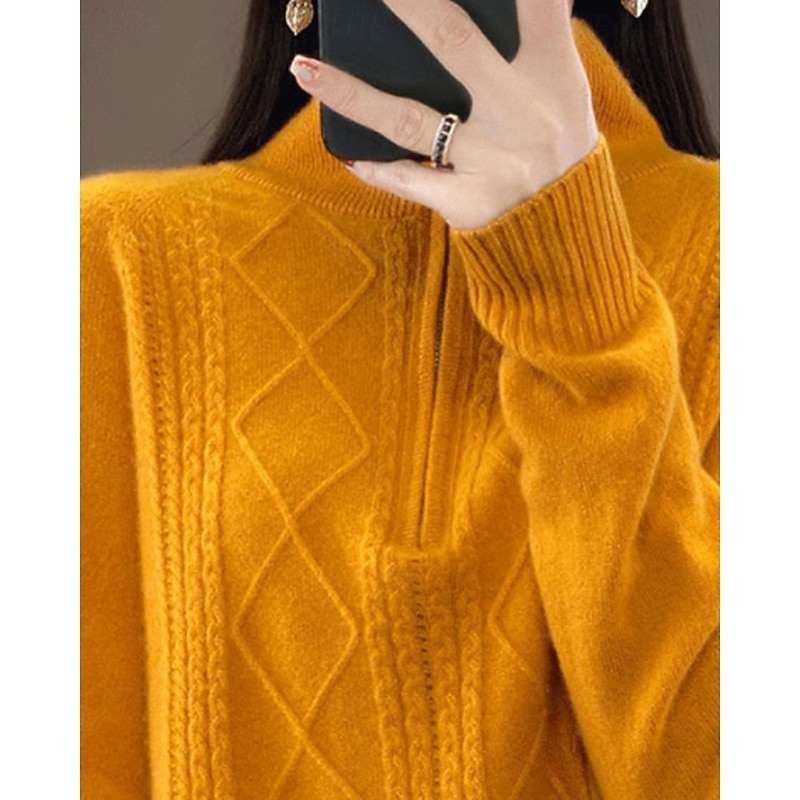 Women's Sweater Pullover Fashion Casual Pure Color Ribbed Half Zip Zipper Knitted Long Sleeve Regular Tops Knit Outdoor Daily Weekend Orange Fall Winter3