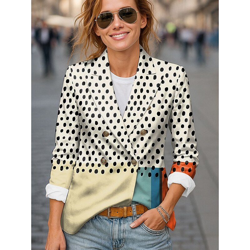 Women's Blazer Comfortable Breathable Buttons Print Fashion Casual Geometric Office Street Casual Daily Wear Double Breasted Regular Notch Lapel Regular Fit Long Sleeve Outerwear Black Yellow Blue2
