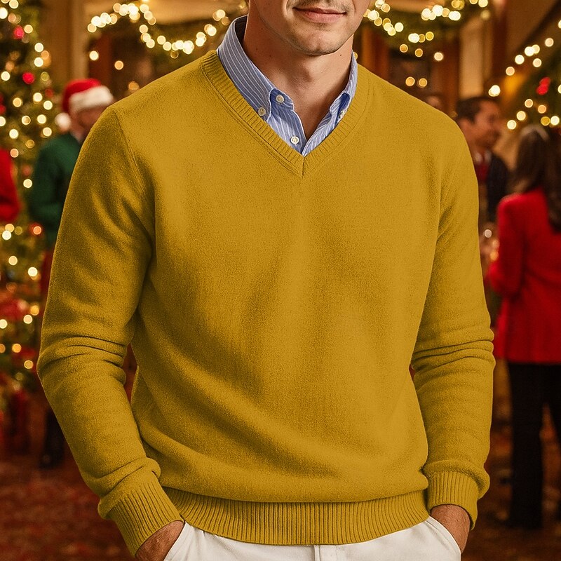 Men's Sweater Pullover Sweater Jumper Ribbed Knit Regular Tops Knitted Slim Fit Plain V Neck Knitwear Contemporary Casual Daily Wear Clothing Apparel Fall Yellow Blue S M L2