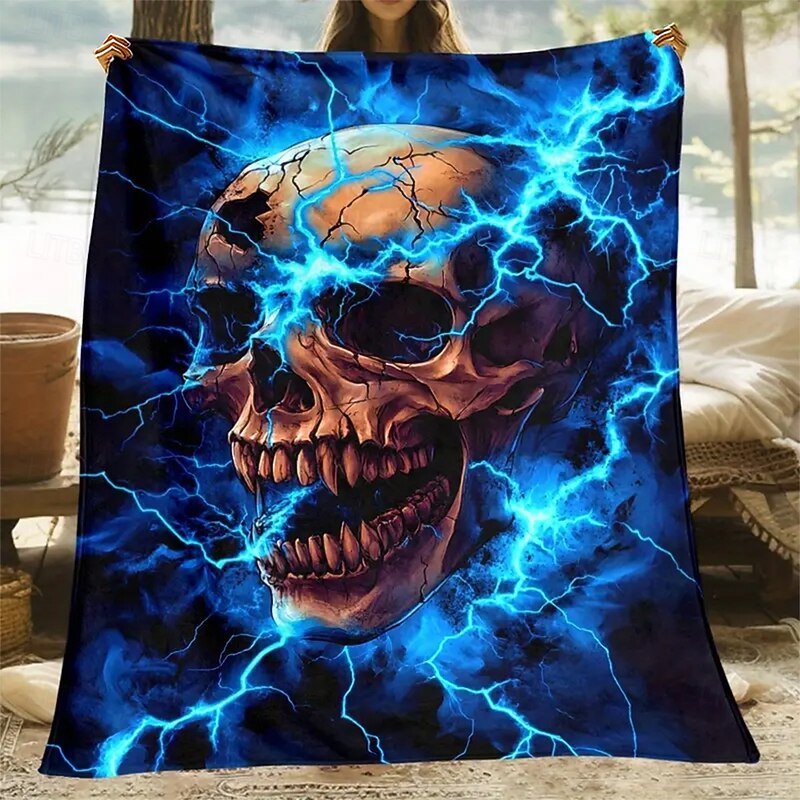 Halloween Fleece Throw Blanket for Couch Skeleton Lightning 3D Dark Punk Gothic Style Party Sofa Bed Decorative Warm Blanket Home Decor4