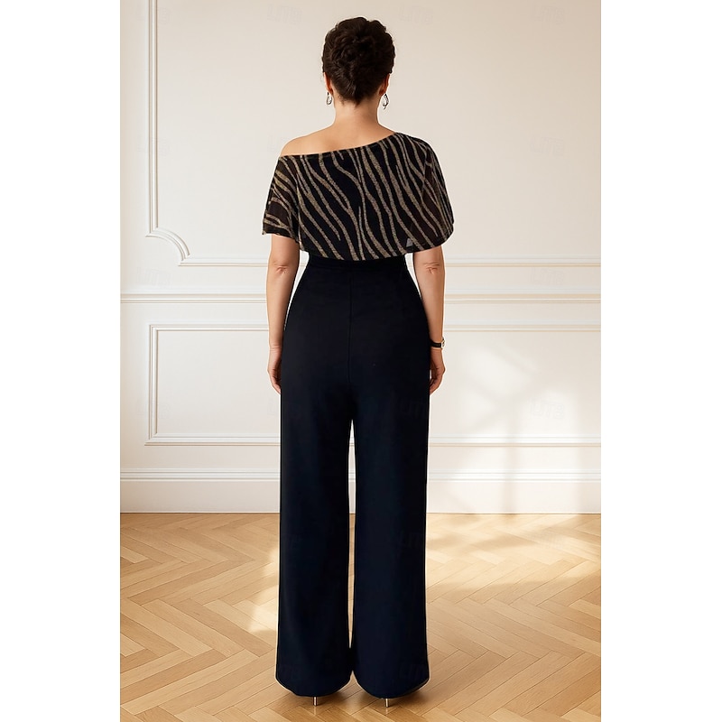 Jumpsuits Mother of the Bride Dress Formal Elegant Minimalist One Shoulder Floor Length Stretch Satin Short Sleeve with Color Block2